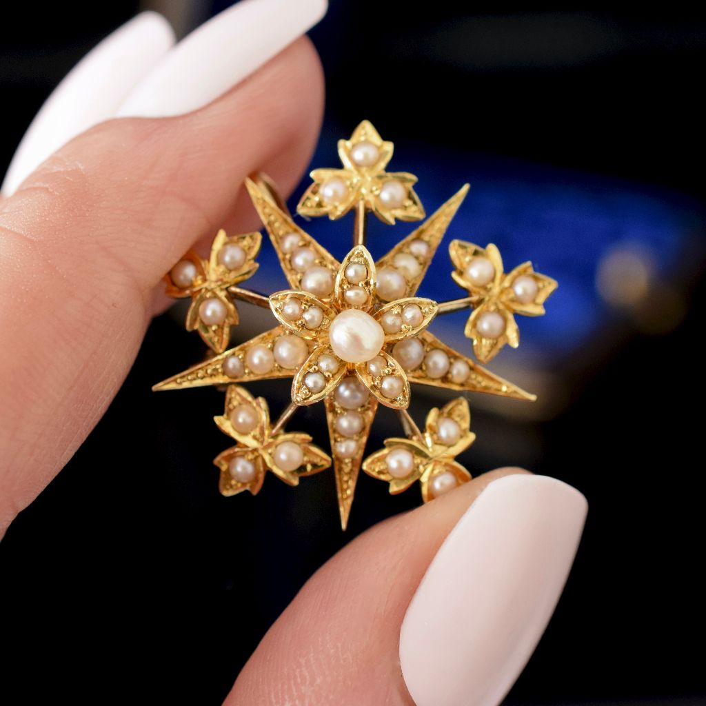 Antique Victorian 15ct Yellow Gold ‘Starburst’ Celestial Natural Half Pearl Brooch/Pendant