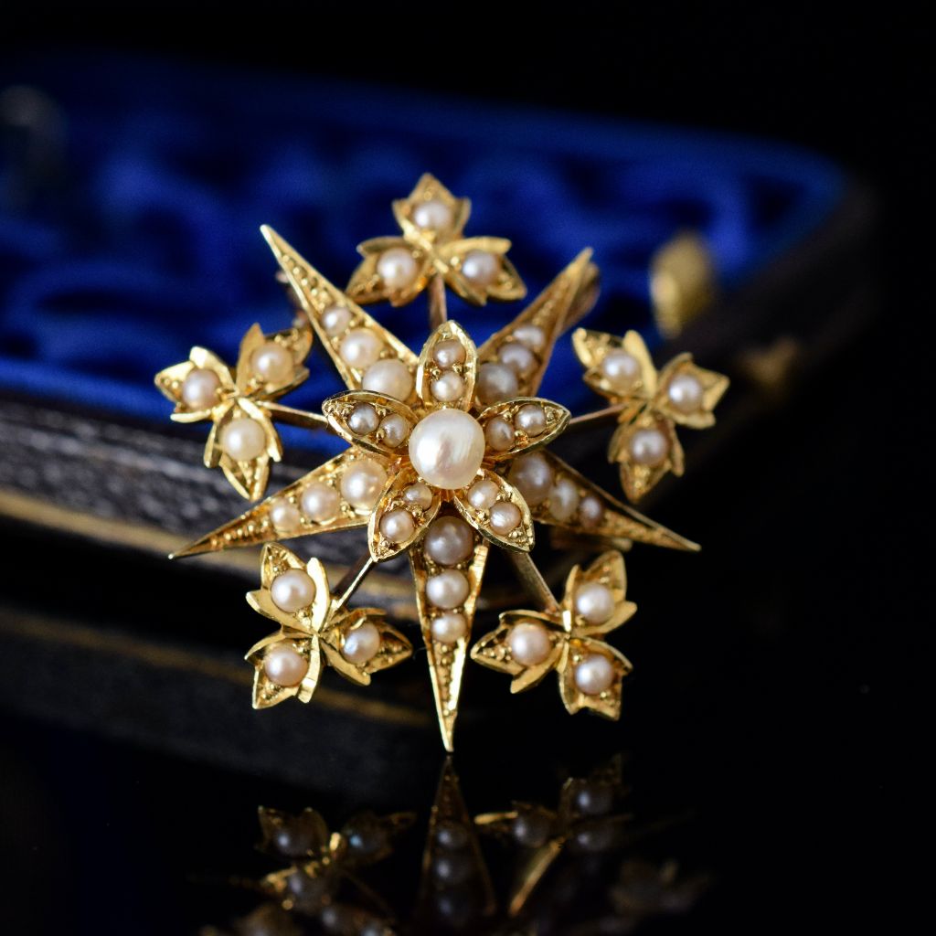 Antique Victorian 15ct Yellow Gold ‘Starburst’ Celestial Natural Half Pearl Brooch/Pendant