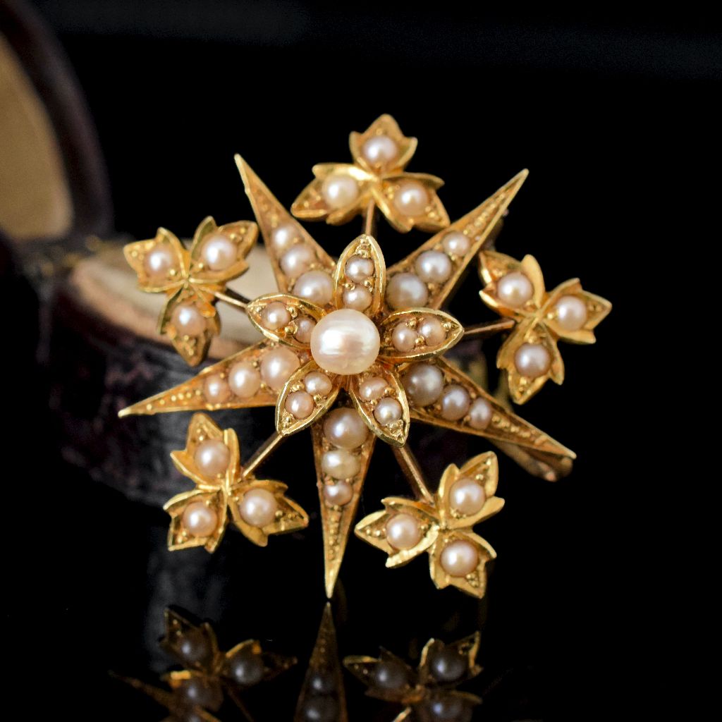 Antique Victorian 15ct Yellow Gold ‘Starburst’ Celestial Natural Half Pearl Brooch/Pendant