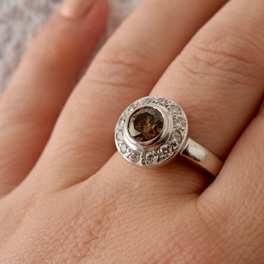 Magnificent 1.0ct Natural Fancy Cognac C5 Diamond Halo 18ct White Gold Ring Valuation $12,620.00