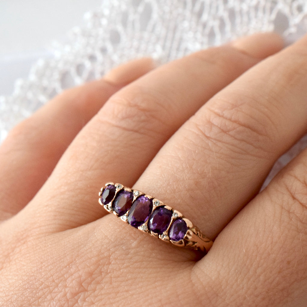 Vintage 9ct Rose Gold Amethyst And Diamond Five Stone Ring