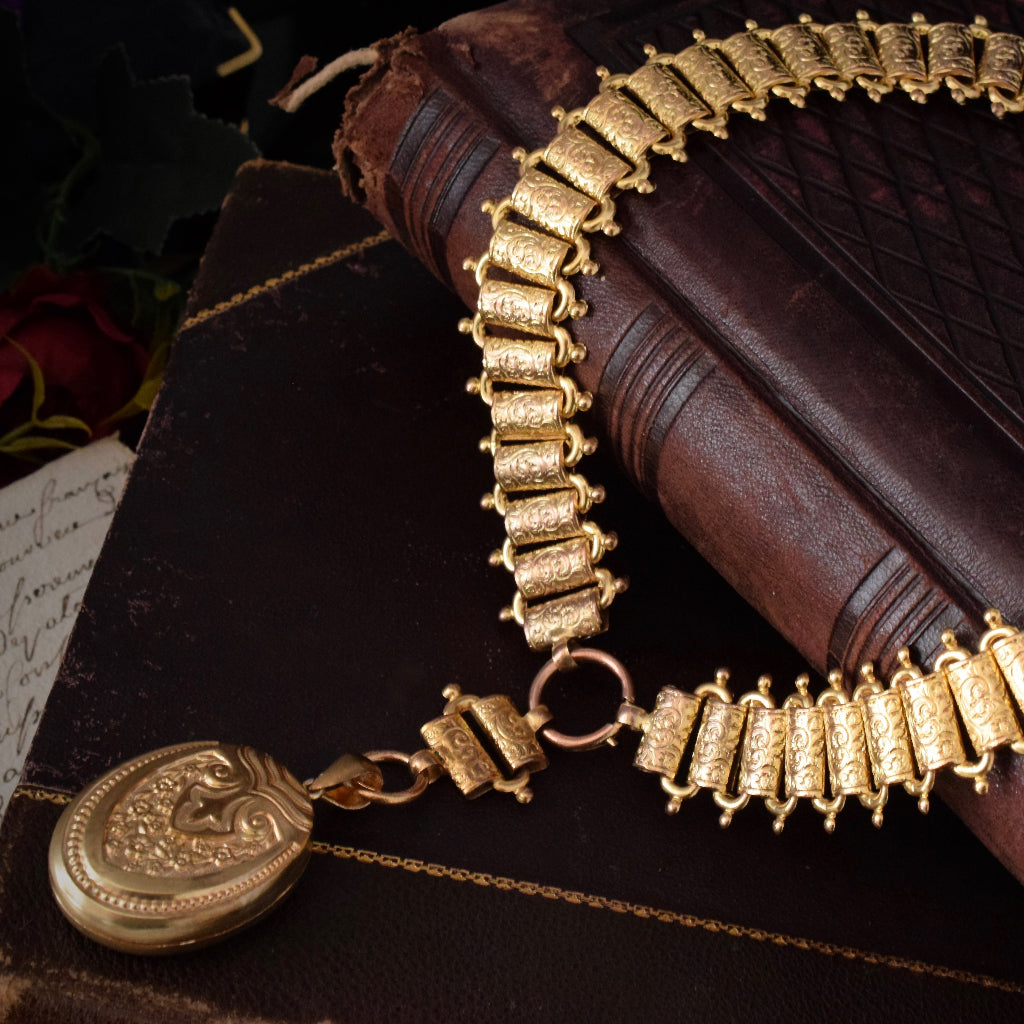 Antique Victorian Gilt ‘Day And NIght’ Bookchain / Collar And Locket