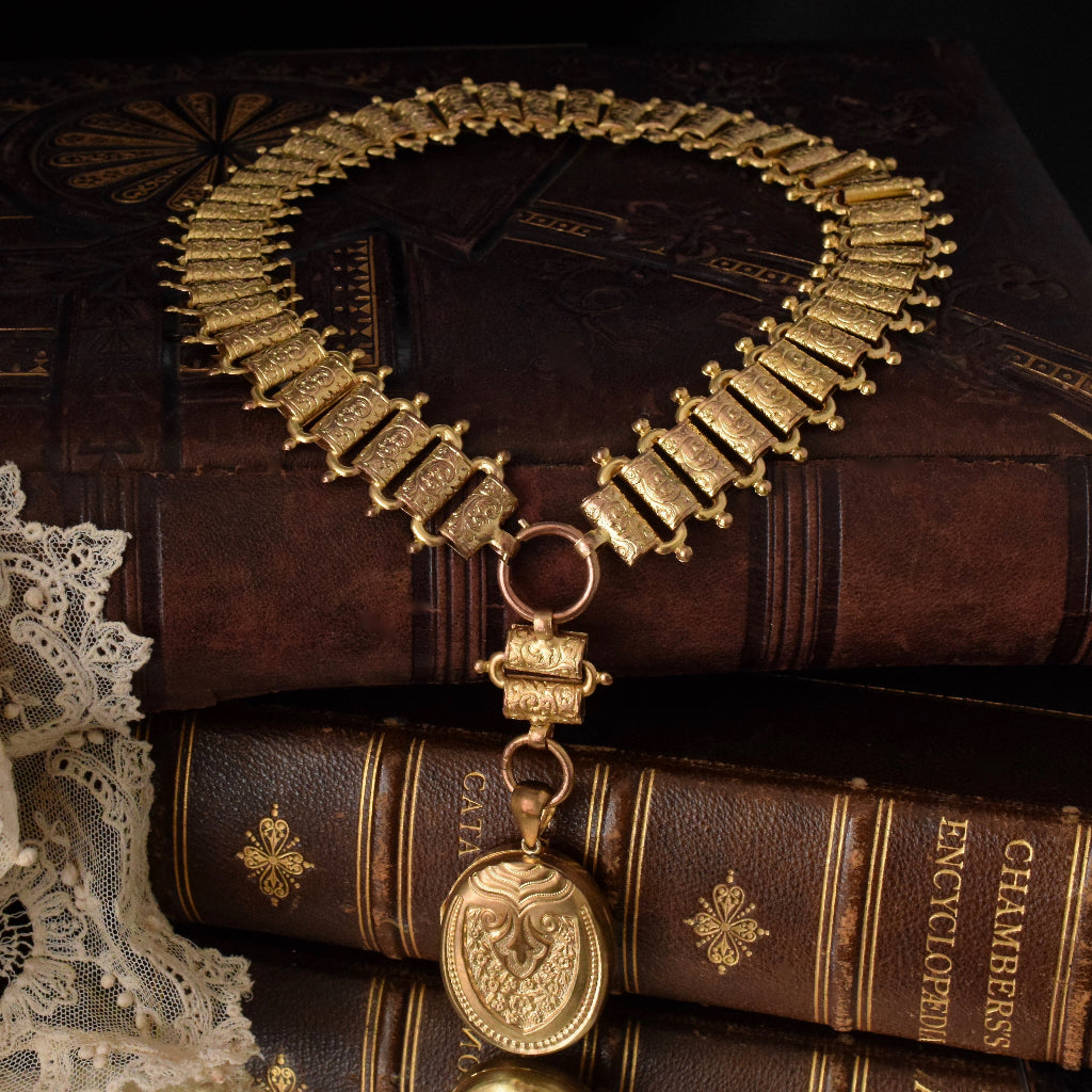 Antique Victorian Gilt ‘Day And NIght’ Bookchain / Collar And Locket