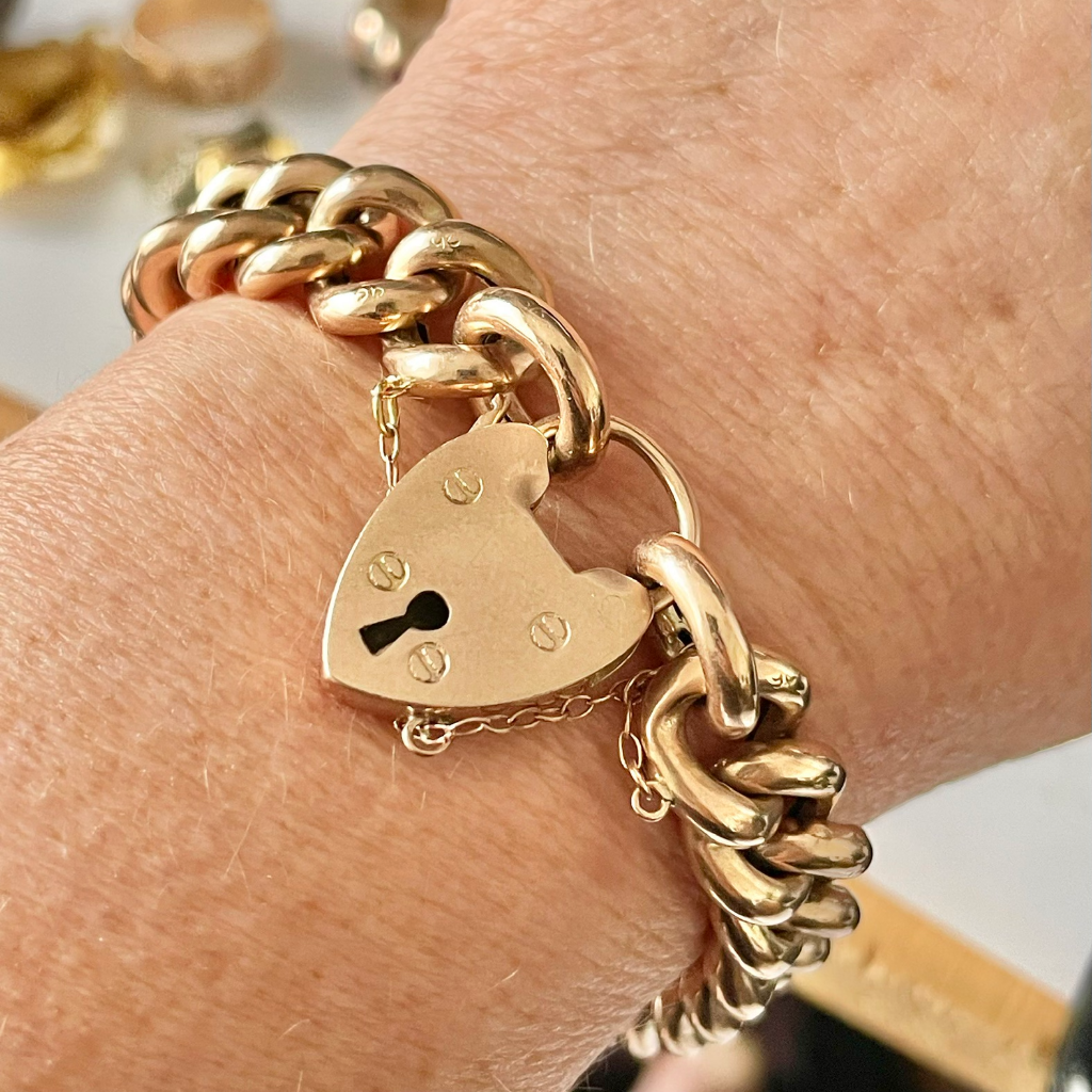 Antique 9ct Rose Gold Curblink Padlock Bracelet Circa 1915