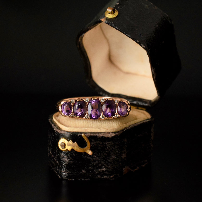 Vintage 9ct Rose Gold Amethyst And Diamond Five Stone Ring