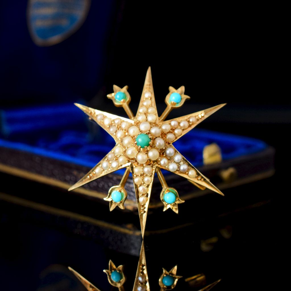 Antique Australian 15ct Yellow Gold Turquoise And Seed Pearl Brooch Circa 1900