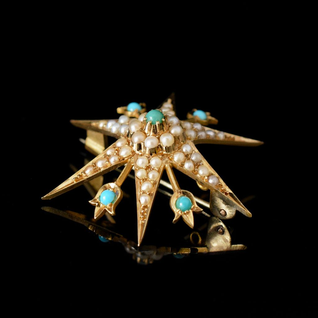 Antique Australian 15ct Yellow Gold Turquoise And Seed Pearl Brooch Circa 1900