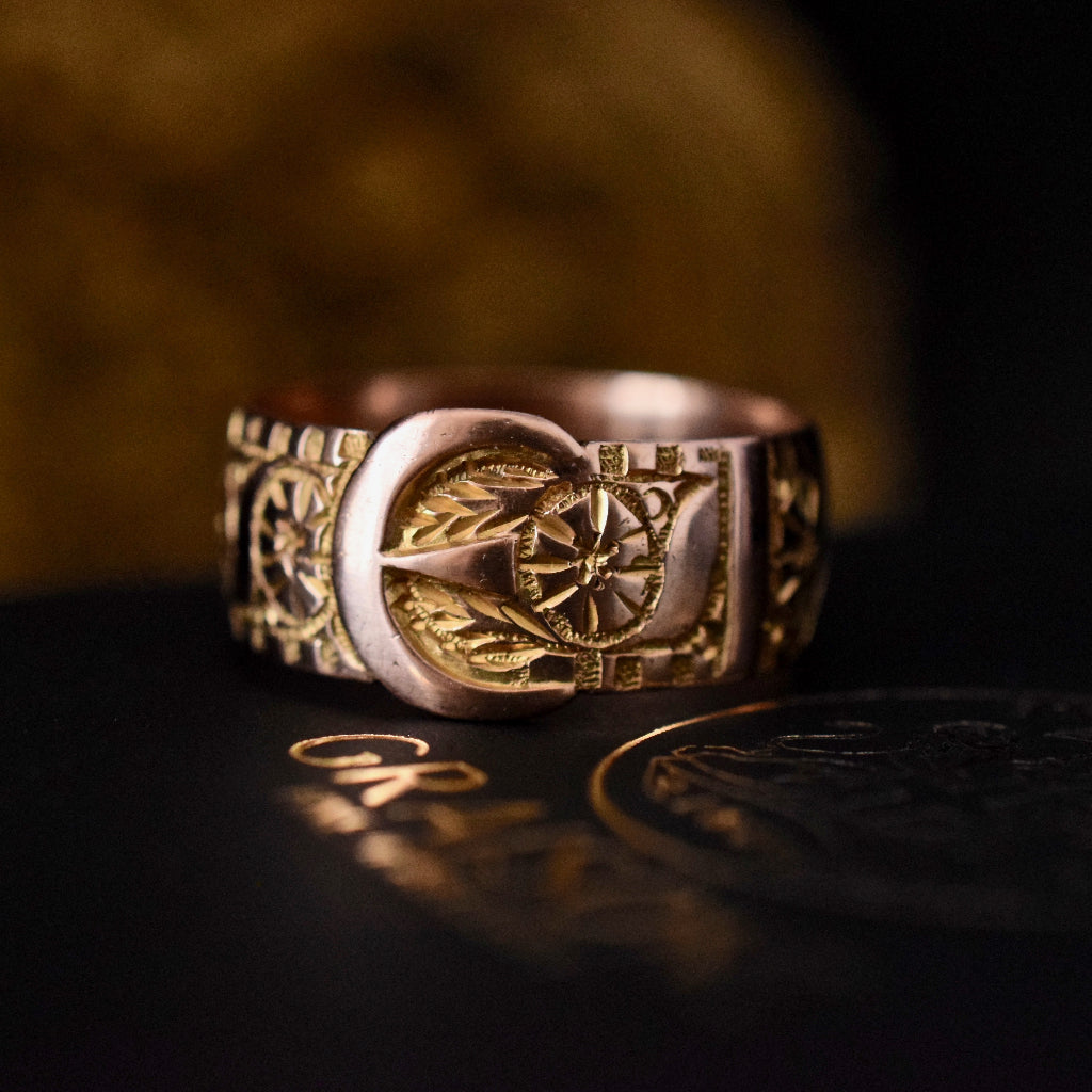 Antique Edwardian 1919 Rose Gold Wide Buckle Ring