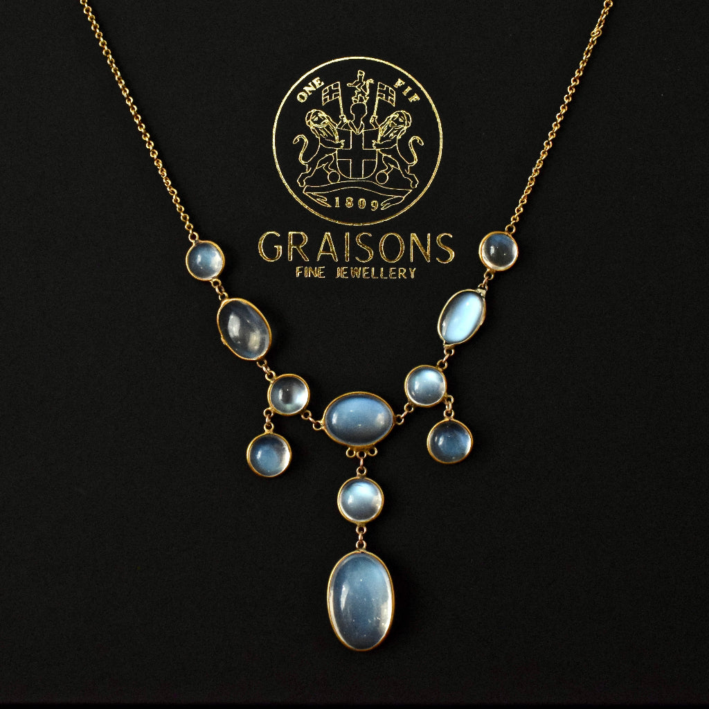 Antique Late Victorian / Early Edwardian 15ct Gold Moonstone Necklace Circa 1900