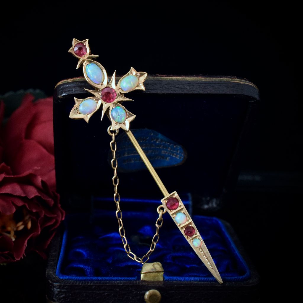 Antique Australian 15ct Gold Opal / Garnet Jabot Pin By Duggin And Shappere Circa 1905