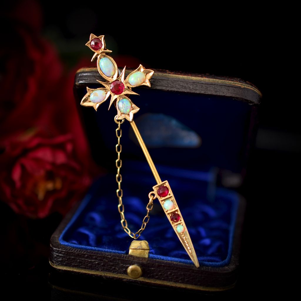 Antique Australian 15ct Gold Opal / Garnet Jabot Pin By Duggin And Shappere Circa 1905