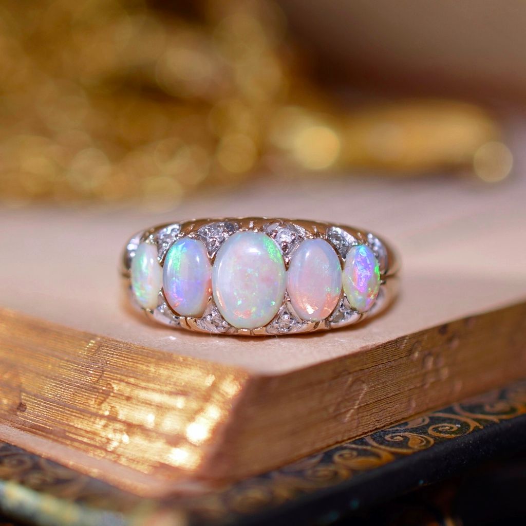 Stunning Five Stone Opal And Diamond 9ct Yellow Gold Ring