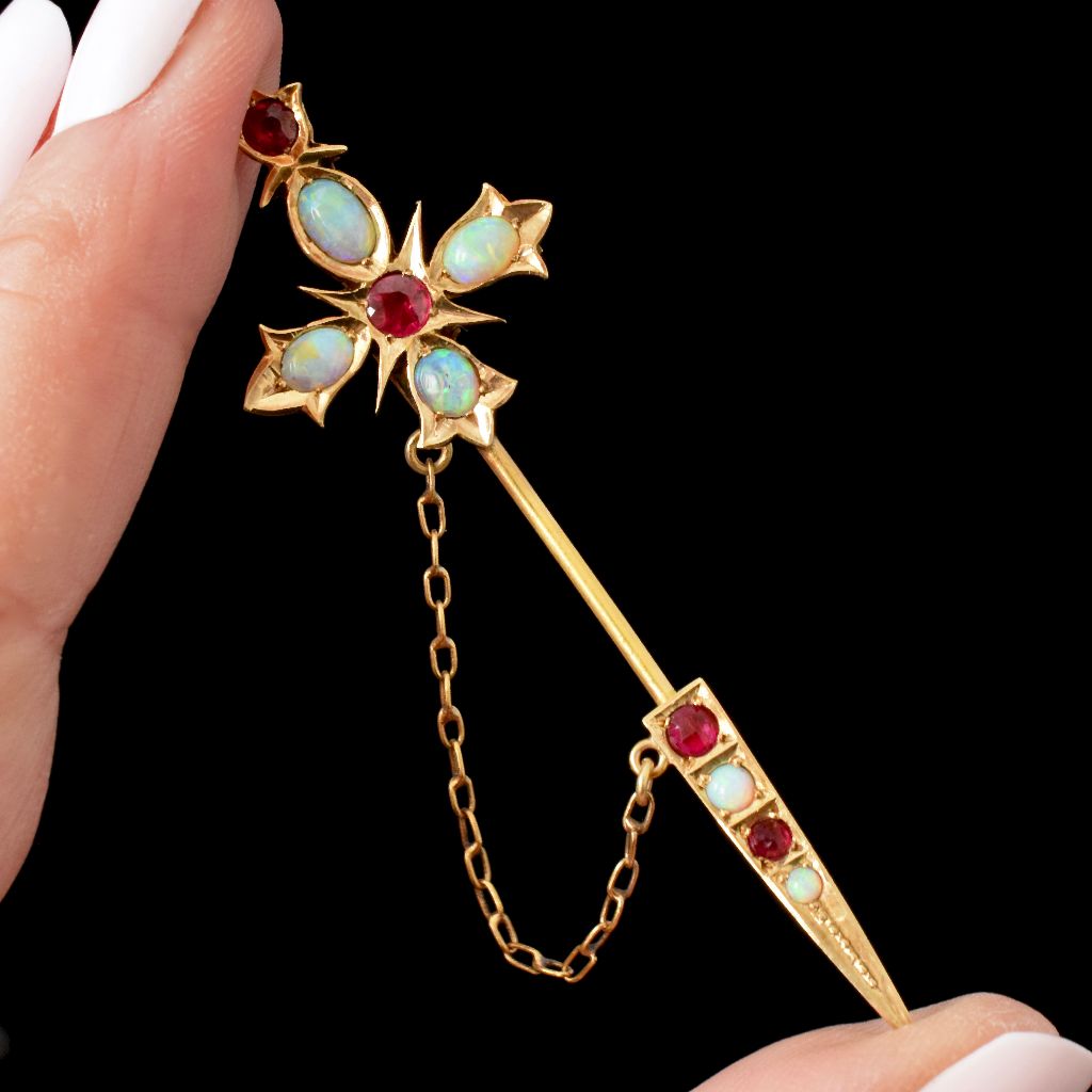 Antique Australian 15ct Gold Opal / Garnet Jabot Pin By Duggin And Shappere Circa 1905