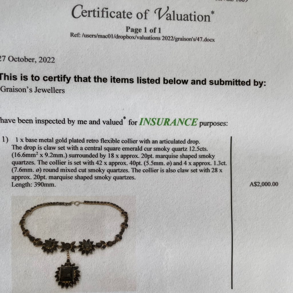 Retro Style Fabulous Smoky Quartz Necklace Circa 1950’s Independent Valuation Included For $2000 AUD