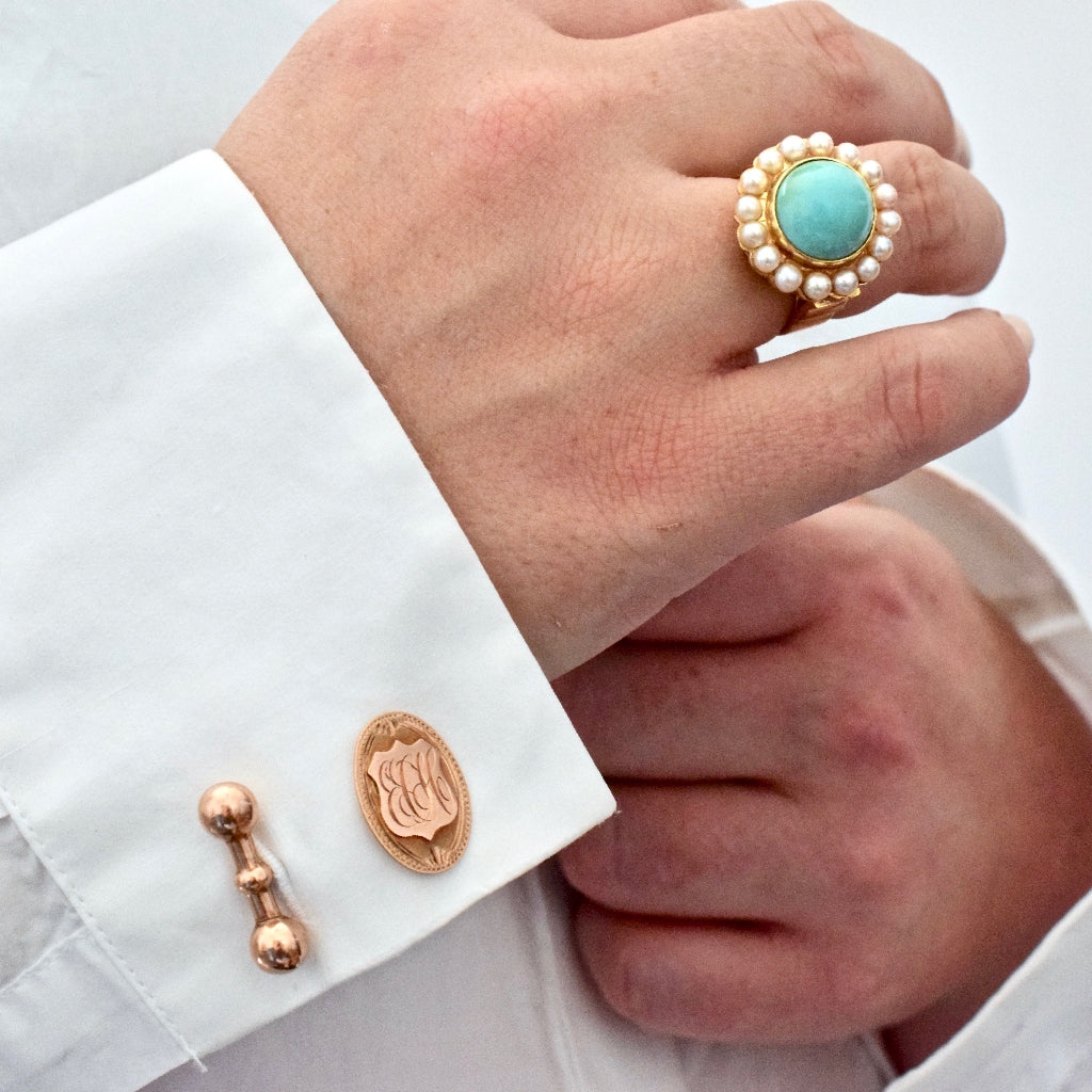 Heavy Mid Century 18ct Yellow Gold Persian Turquoise Pearl Ring 13.26 Grams