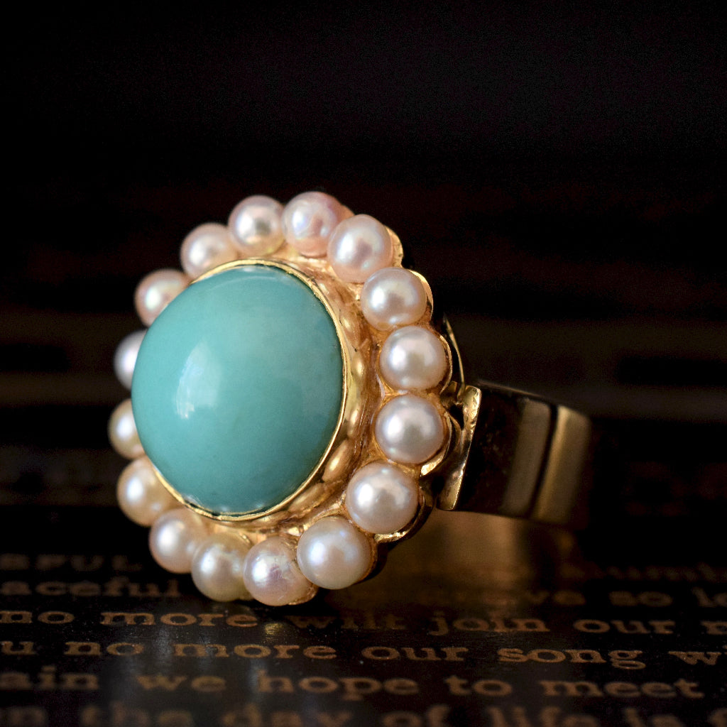 Heavy Mid Century 18ct Yellow Gold Persian Turquoise Pearl Ring 13.26 Grams