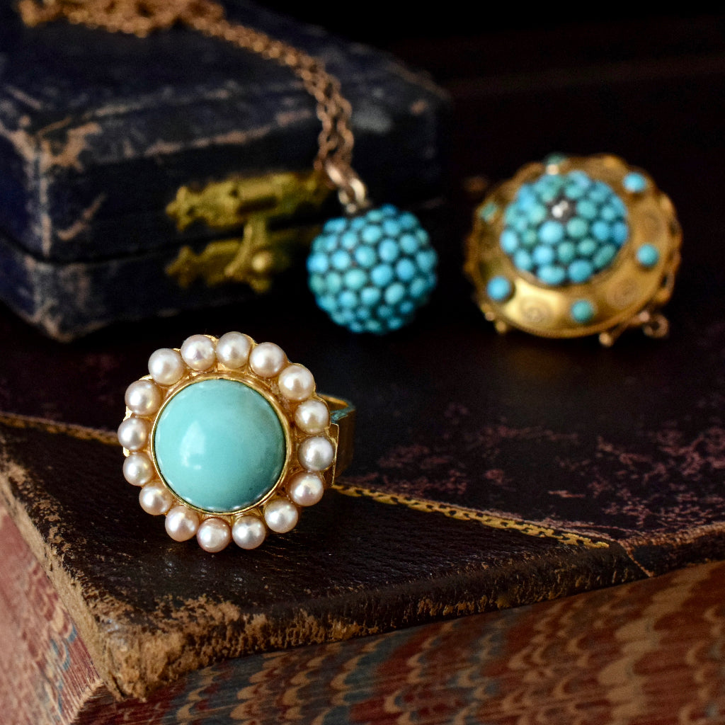 Heavy Mid Century 18ct Yellow Gold Persian Turquoise Pearl Ring 13.26 Grams