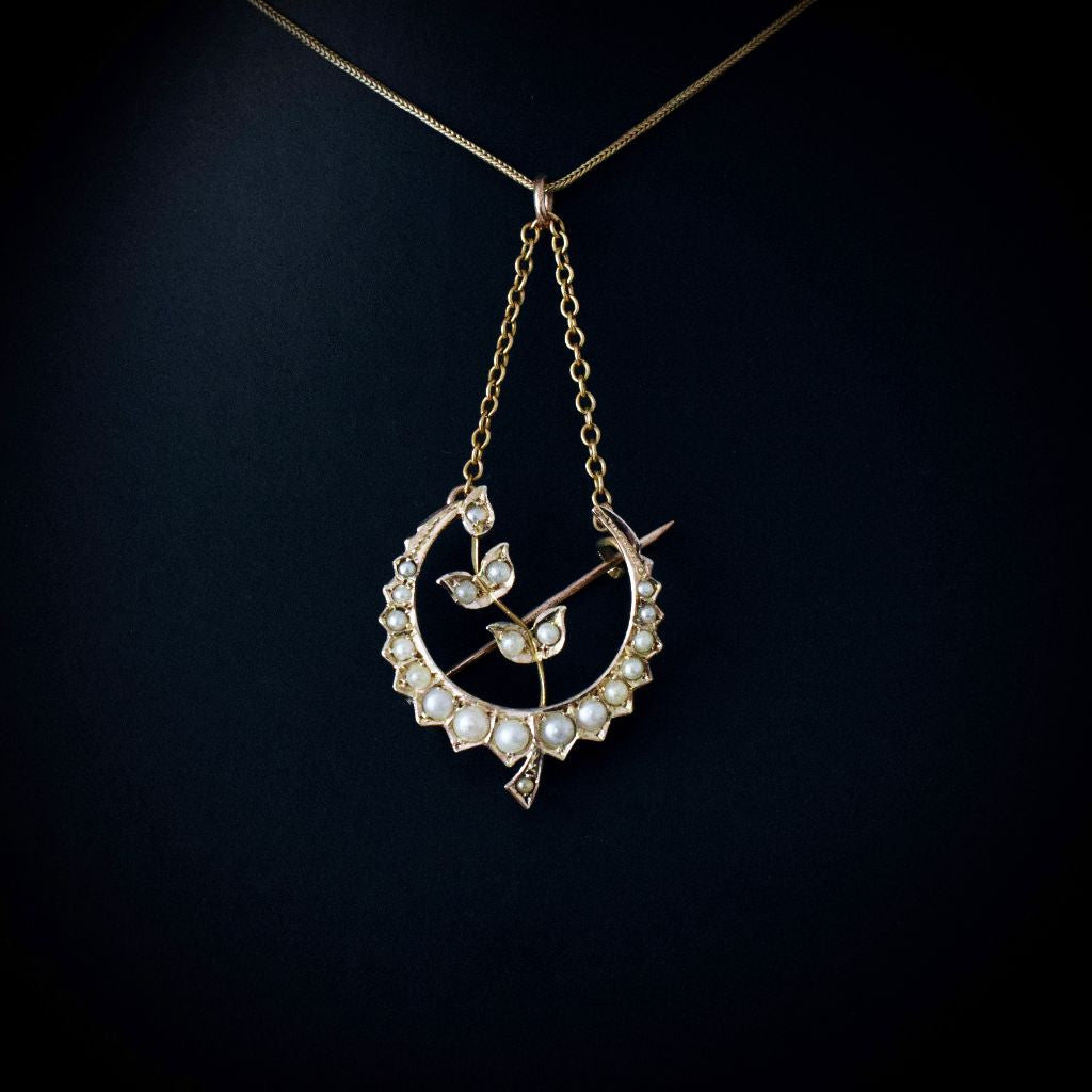 Antique Australian 9ct Yellow Gold Seed Pearl Crescent Brooch / Pendant By Willis and Sons Circa 1910