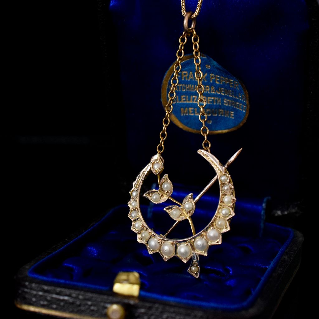 Antique Australian 9ct Yellow Gold Seed Pearl Crescent Brooch / Pendant By Willis and Sons Circa 1910