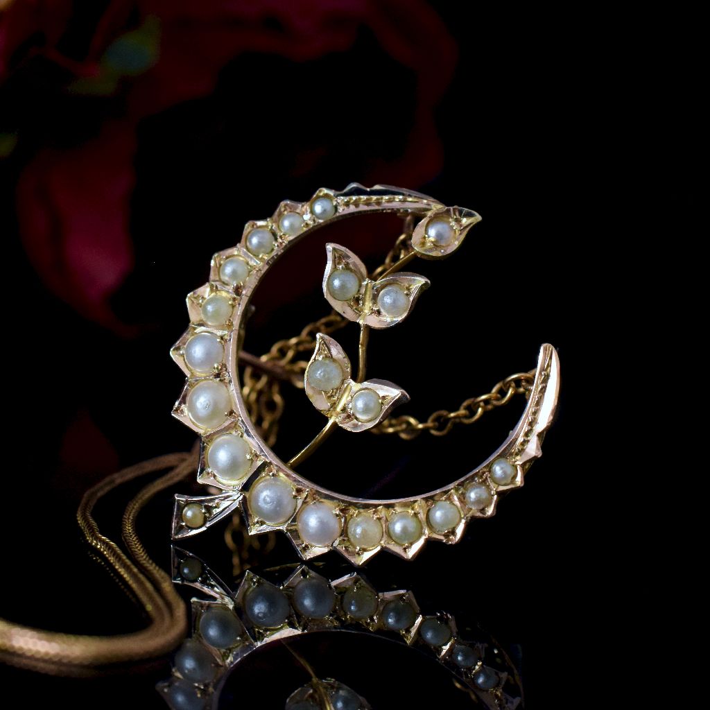 Antique Australian 9ct Yellow Gold Seed Pearl Crescent Brooch / Pendant By Willis and Sons Circa 1910