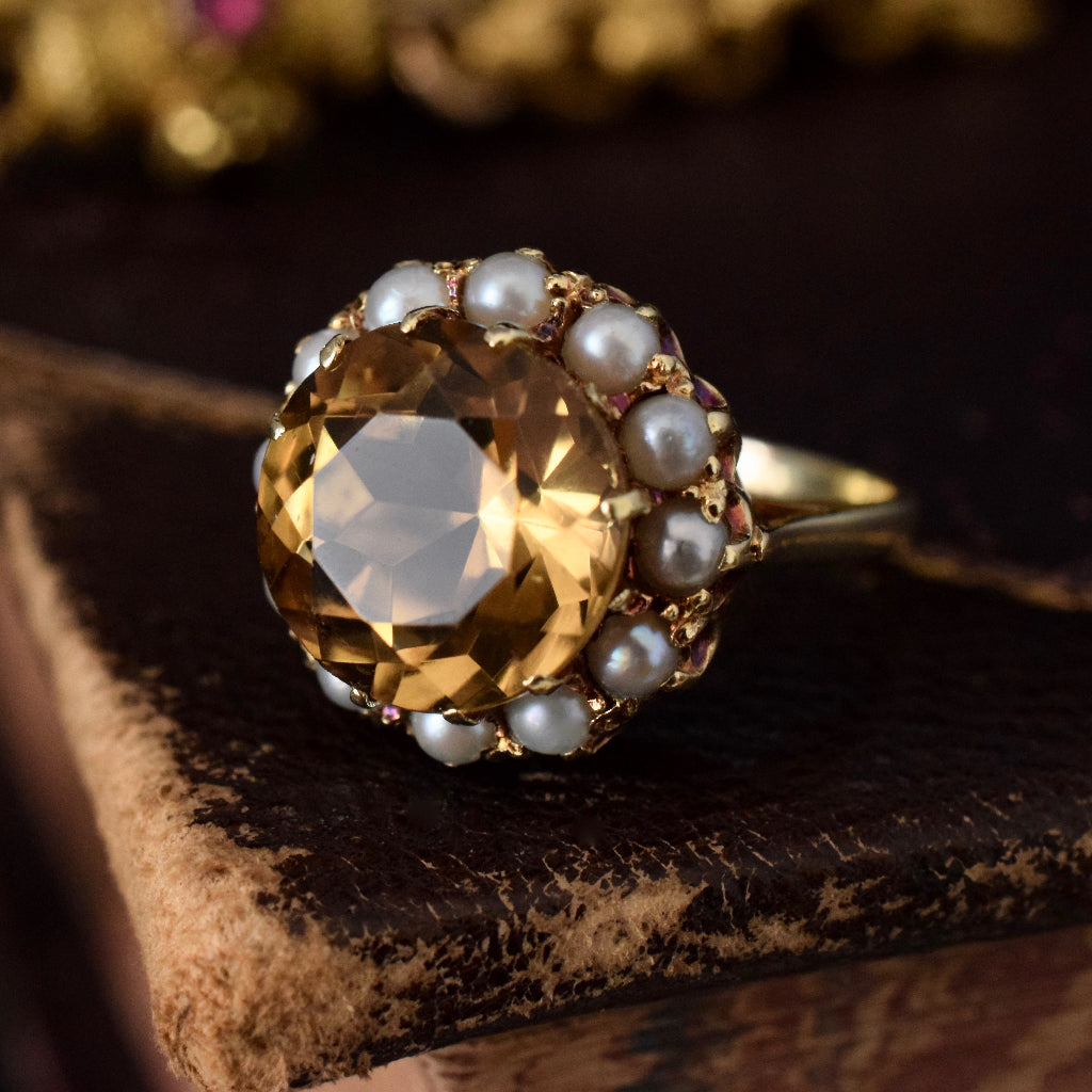 Vintage 14ct Yellow Gold Citrine Pearl Halo Ring