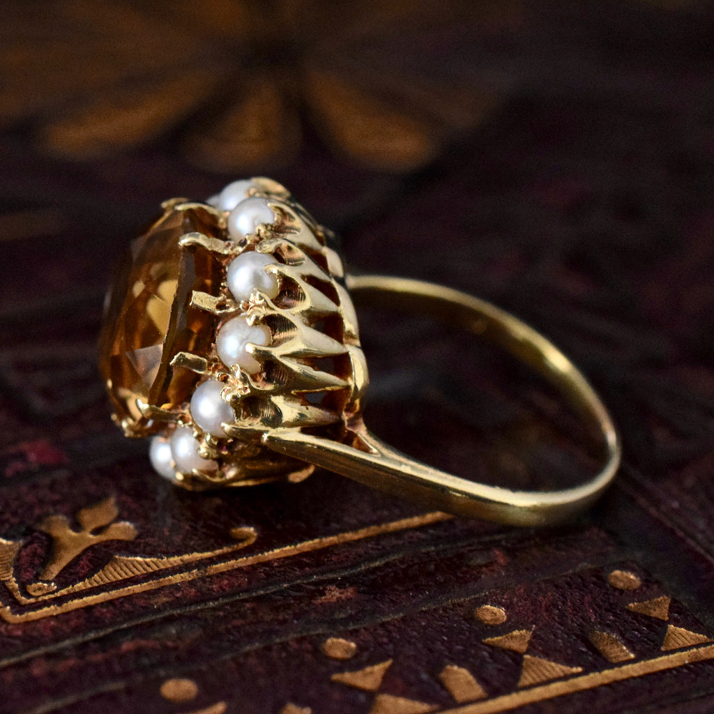 Vintage 14ct Yellow Gold Citrine Pearl Halo Ring