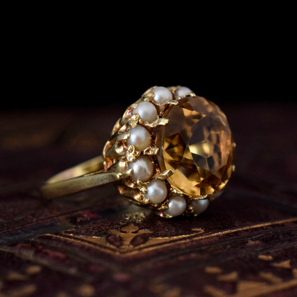 Vintage 14ct Yellow Gold Citrine Pearl Halo Ring