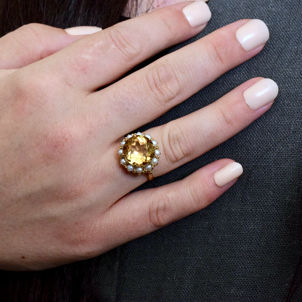 Vintage 14ct Yellow Gold Citrine Pearl Halo Ring