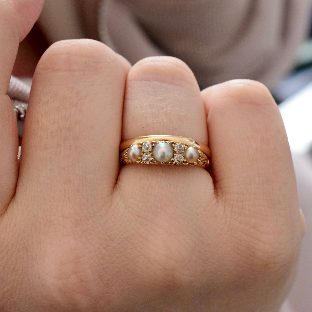 Antique Victorian/Early Edwardian 18ct Gold Three Pearl & Diamond Half Hoop Ring C1900
