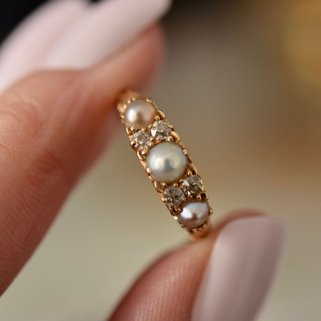 Antique Victorian/Early Edwardian 18ct Gold Three Pearl & Diamond Half Hoop Ring C1900