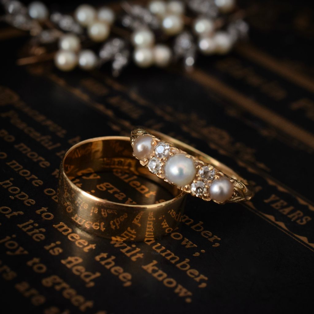 Antique Victorian/Early Edwardian 18ct Gold Three Pearl & Diamond Half Hoop Ring C1900