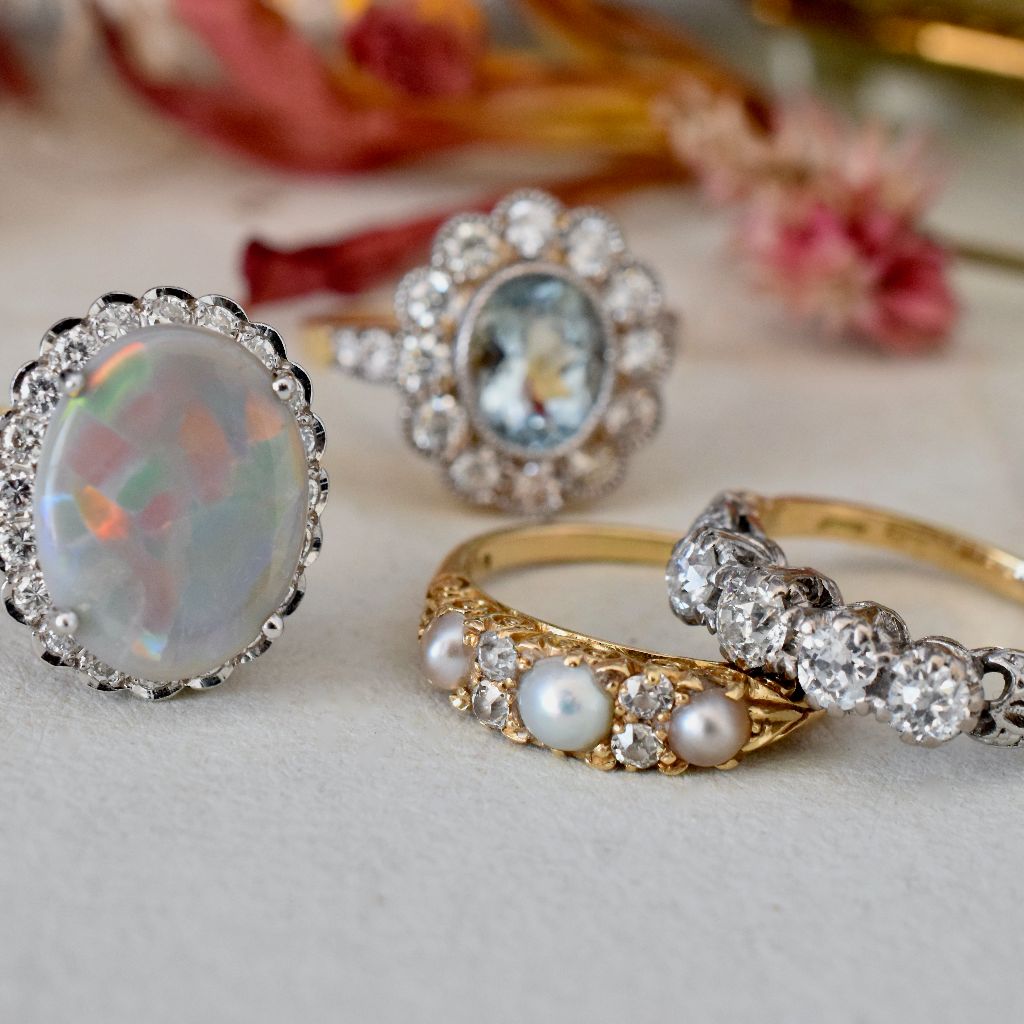 Antique Victorian/Early Edwardian 18ct Gold Three Pearl & Diamond Half Hoop Ring C1900