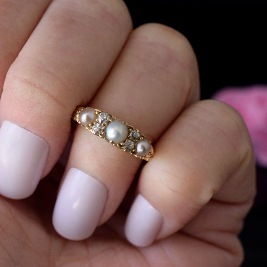 Antique Victorian/Early Edwardian 18ct Gold Three Pearl & Diamond Half Hoop Ring C1900