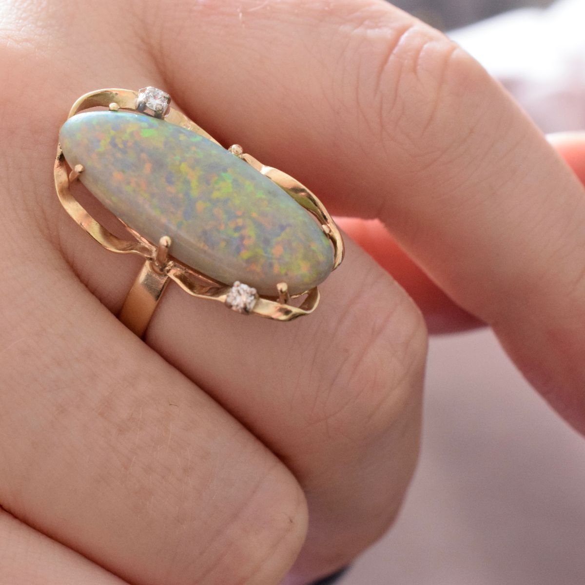 Vintage 9ct Yellow Gold Solid Coober Pedy ‘Pinfire’ Opal And Diamond Ring