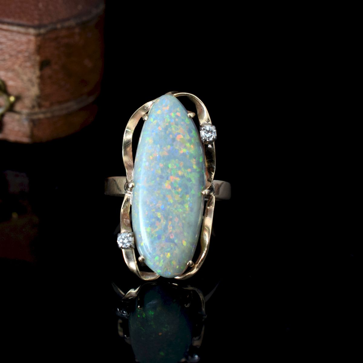 Vintage 9ct Yellow Gold Solid Coober Pedy ‘Pinfire’ Opal And Diamond Ring
