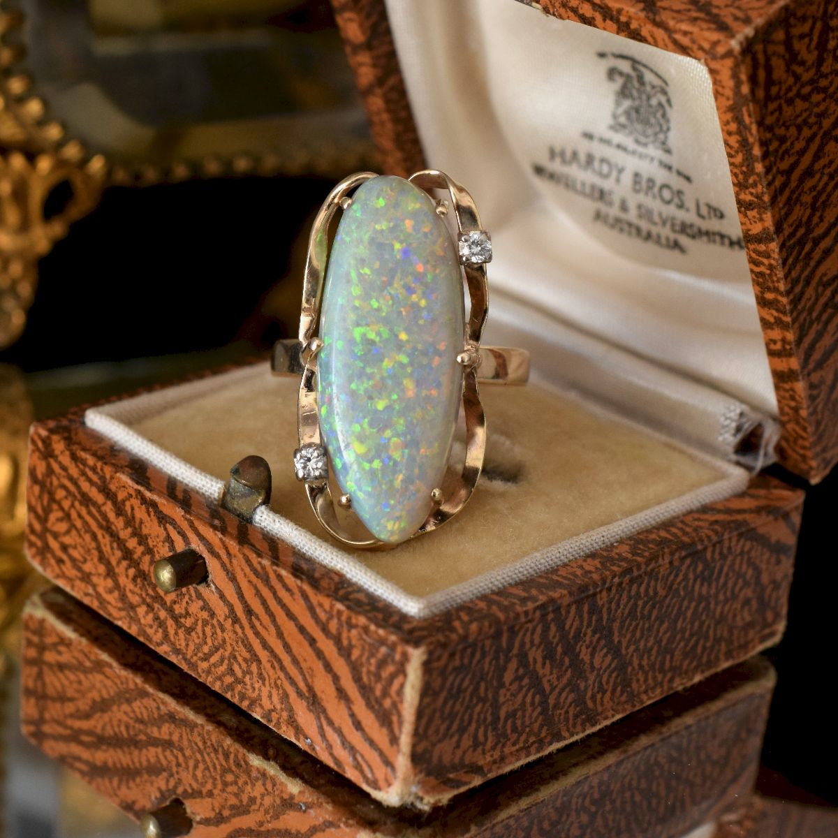 Vintage 9ct Yellow Gold Solid Coober Pedy ‘Pinfire’ Opal And Diamond Ring