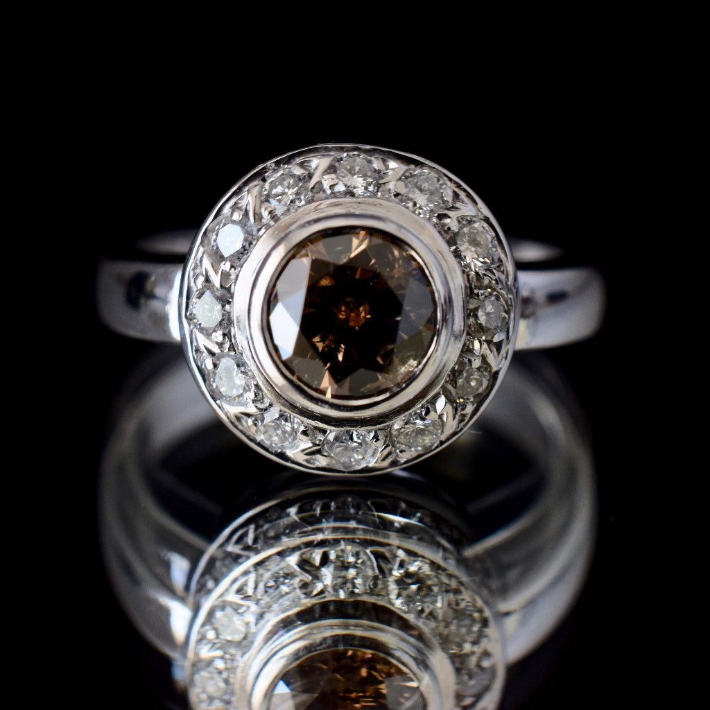 Magnificent 1.0ct Natural Fancy Cognac C5 Diamond Halo 18ct White Gold Ring Valuation $12,620.00