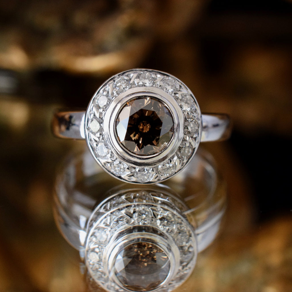 Magnificent 1.0ct Natural Fancy Cognac C5 Diamond Halo 18ct White Gold Ring Valuation $12,620.00