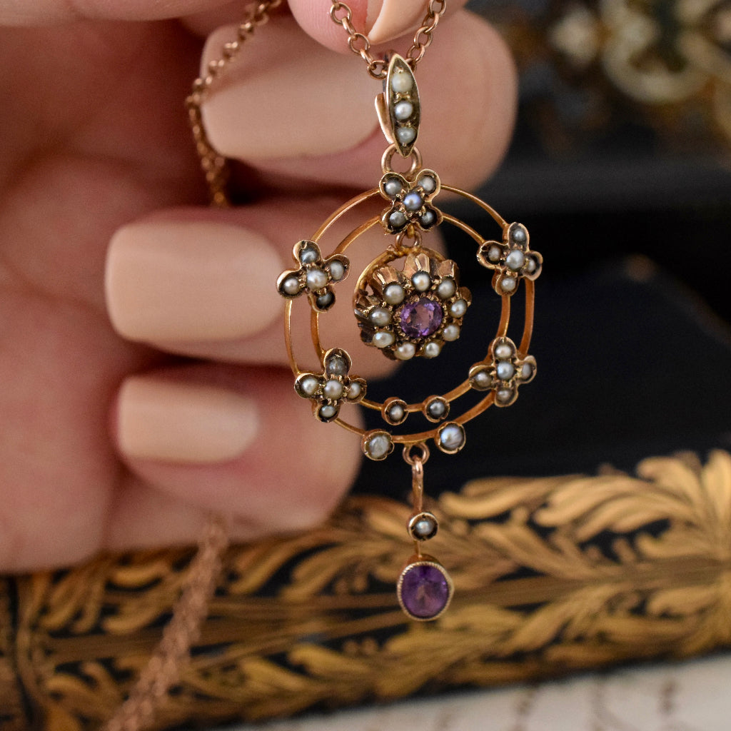 Antique Late Victorian / Early Edwardian Amethyst Seed Pearl 9ct Pendant