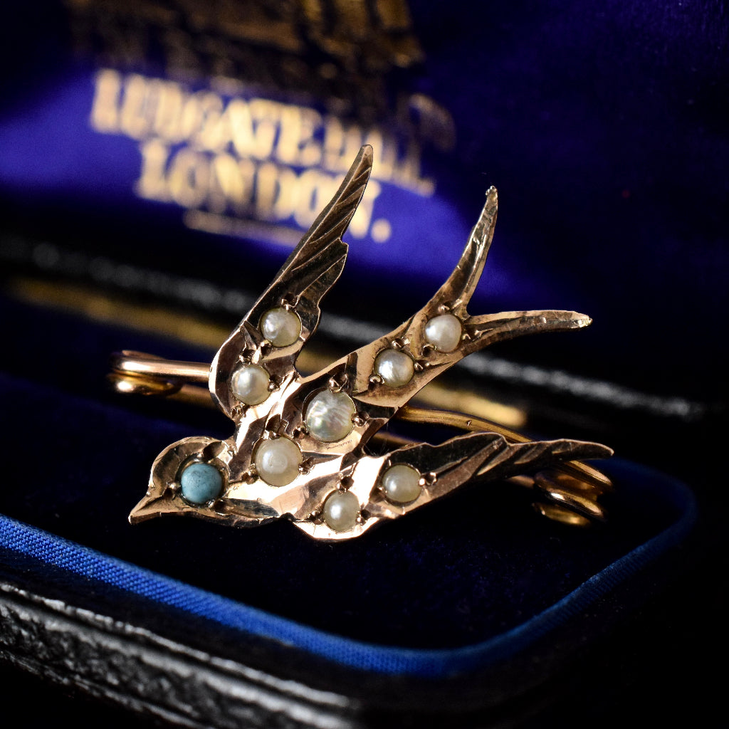 Antique Victorian 9ct Yellow Gold ‘Swallow’ Seed Pearl Turquoise Bird brooch by William Dunkling