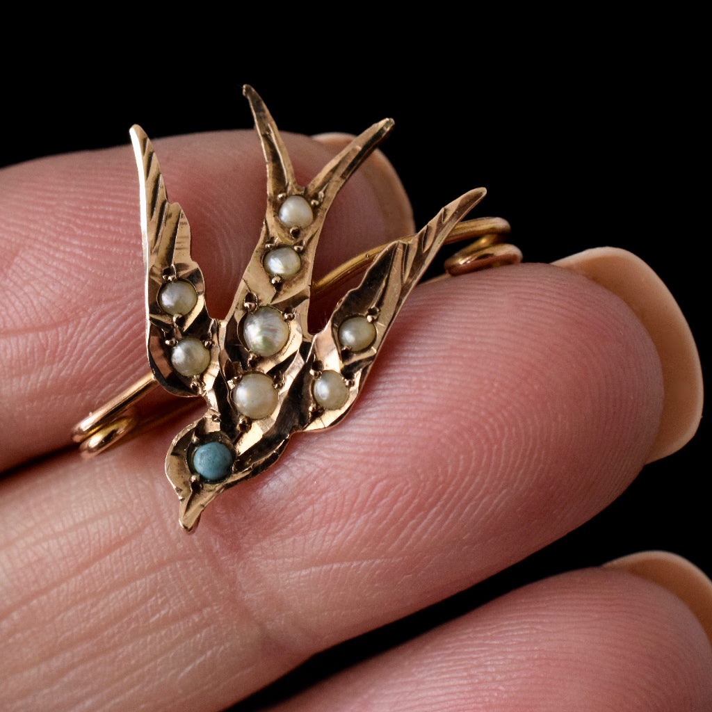 Antique Victorian 9ct Yellow Gold ‘Swallow’ Seed Pearl Turquoise Bird brooch by William Dunkling
