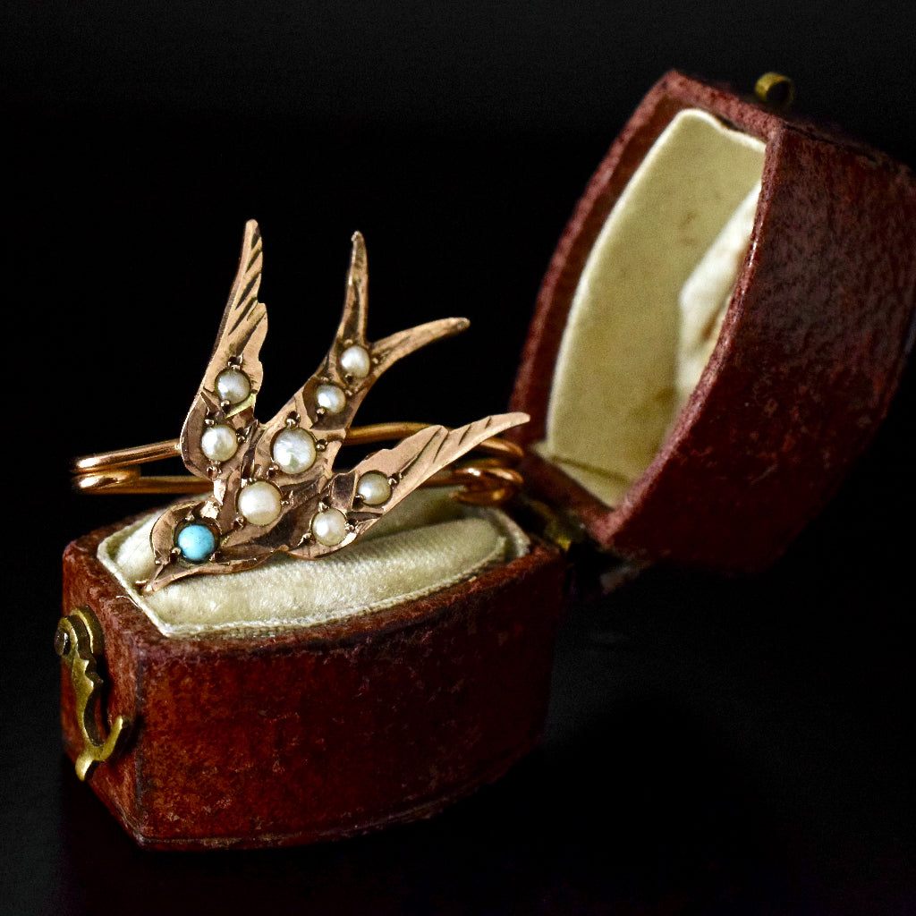 Antique Victorian 9ct Yellow Gold ‘Swallow’ Seed Pearl Turquoise Bird brooch by William Dunkling
