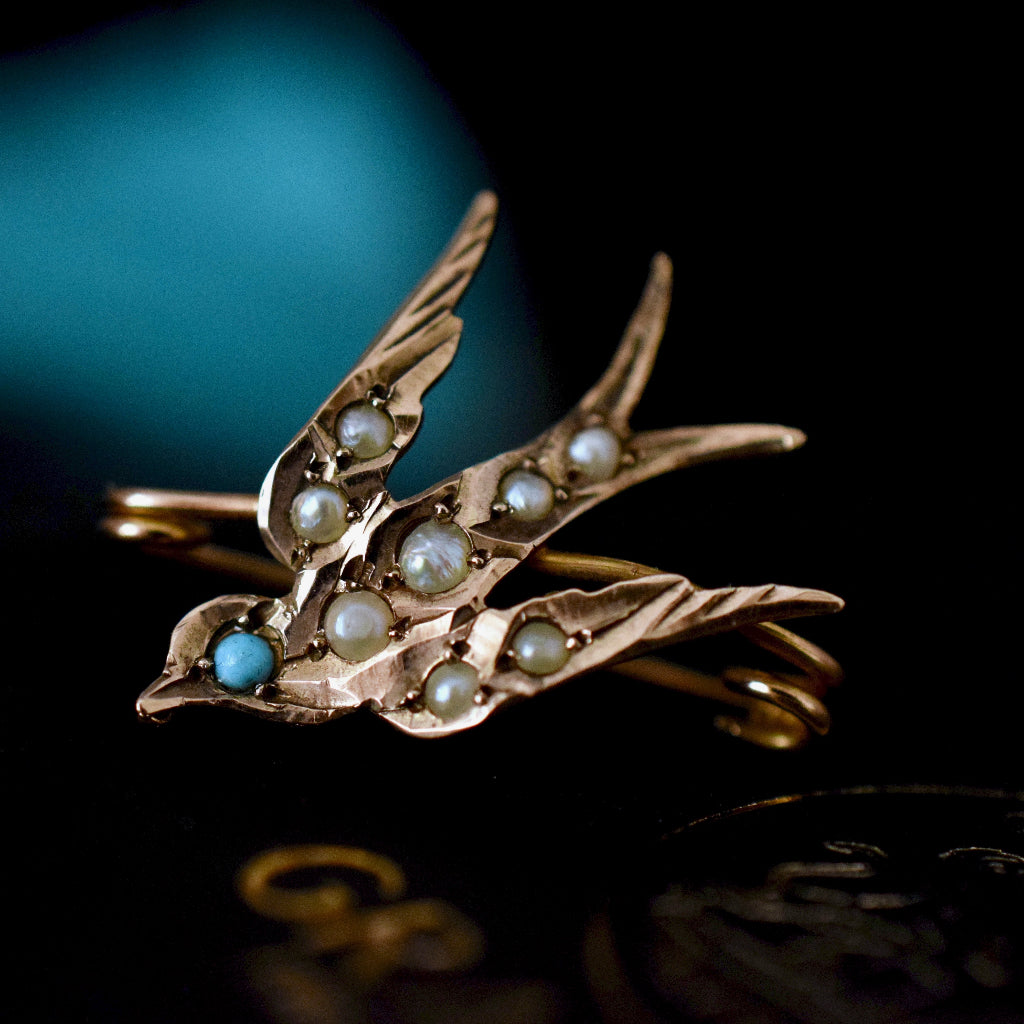 Antique Victorian 9ct Yellow Gold ‘Swallow’ Seed Pearl Turquoise Bird brooch by William Dunkling