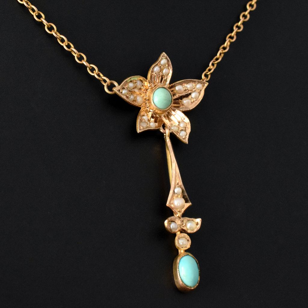 Antique Australian 9ct Rose Gold Turquoise Seed Pearl Necklace Willis and Sons