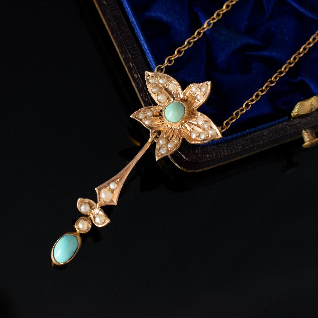 Antique Australian 9ct Rose Gold Turquoise Seed Pearl Necklace Willis and Sons