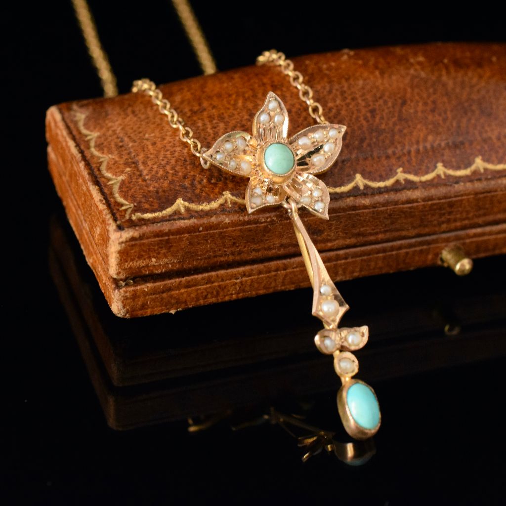 Antique Australian 9ct Rose Gold Turquoise Seed Pearl Necklace Willis and Sons