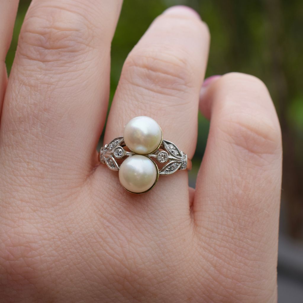 Antique Edwardian 18ct Gold ‘Toi et Moi’ Pearl And Diamond ring Circa 1915
