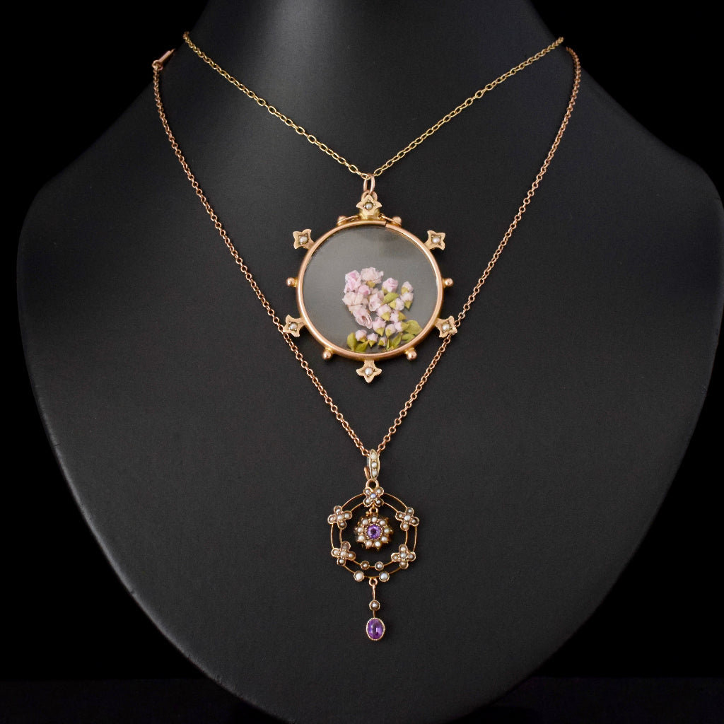 Antique Late Victorian / Early Edwardian Amethyst Seed Pearl 9ct Pendant