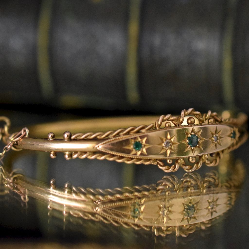 Antique Edwardian 9ct Rose-Cut Diamond Green Stone Bangle Bracelet Circa 1910