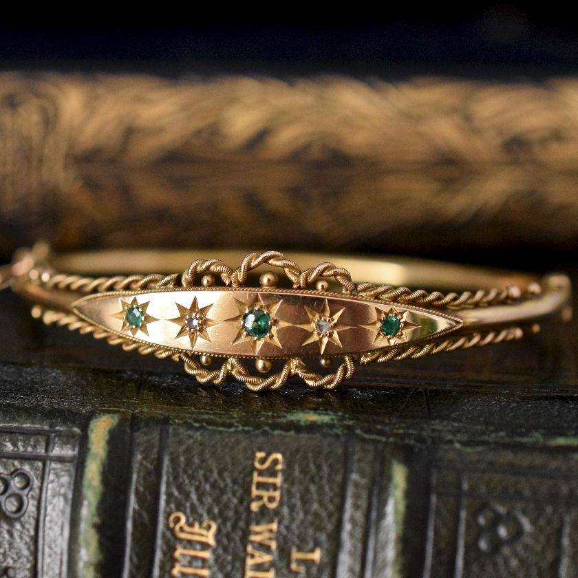 Antique Edwardian 9ct Rose-Cut Diamond Green Stone Bangle Bracelet Circa 1910